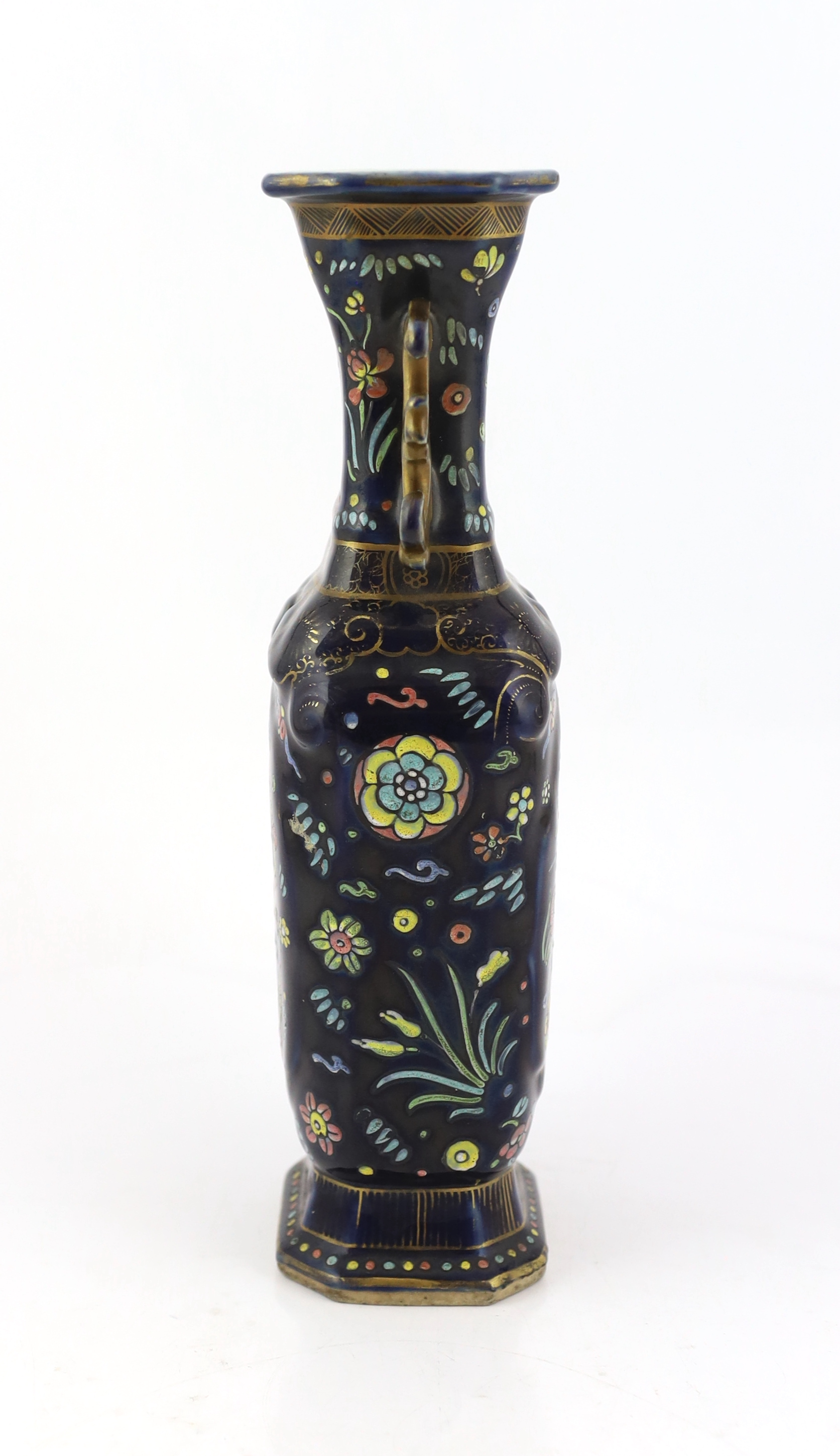 An unusual Chinese blue glazed two handled vase, the porcelain Qianlong period, the enamelled decoration early 19th century English